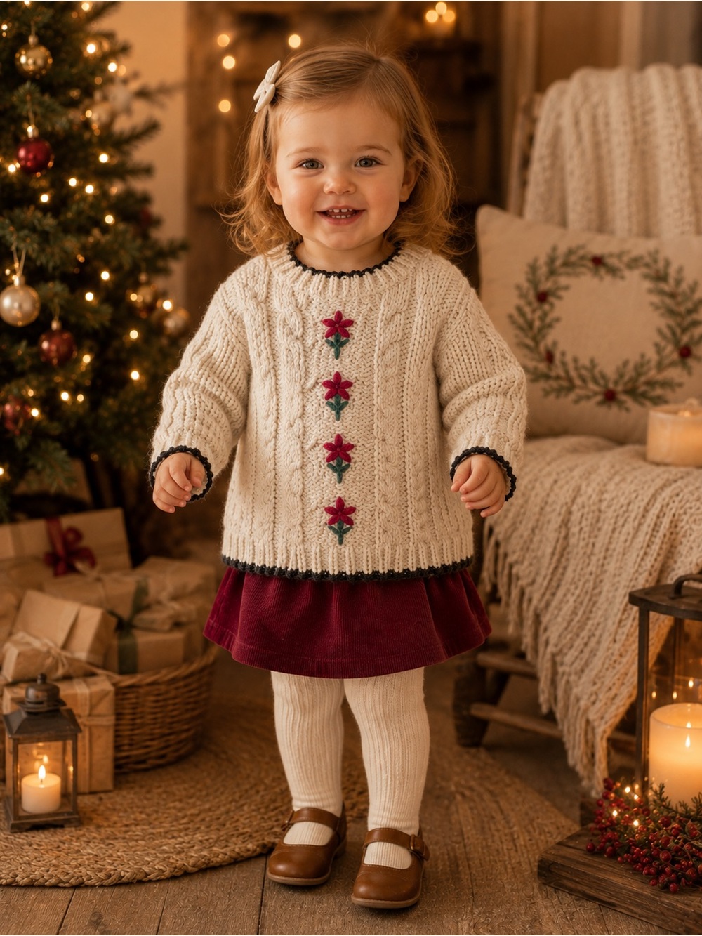 Zara Cream Cable Knit Sweater with red Floral Embroidery festive winter 18-24 m
